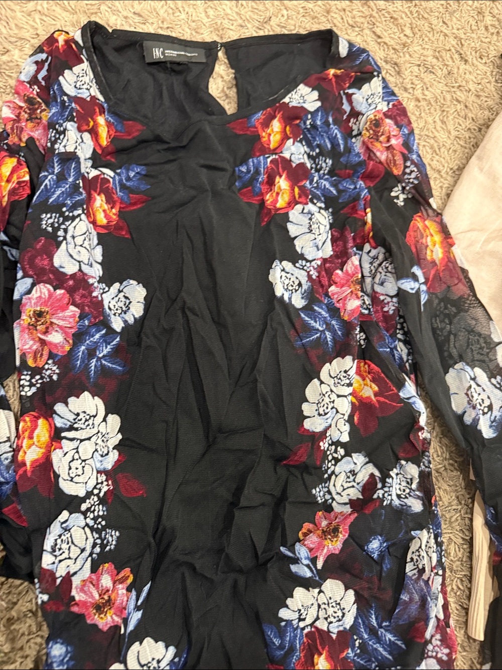 INC International Concepts Black Floral Mesh Long Sleeve Tunic